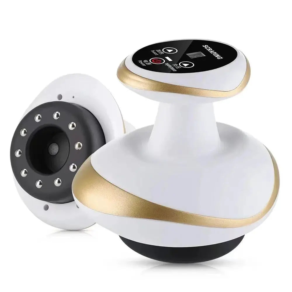 Electric cupping massager with heating, white body with gold trim and suction cup head