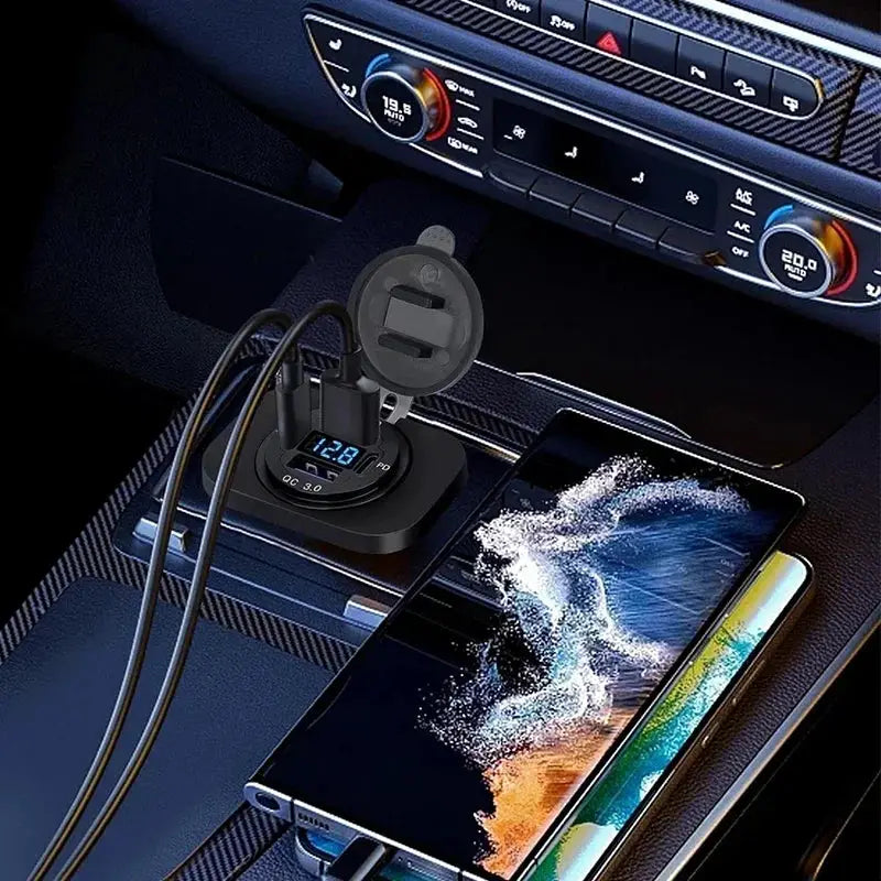 117W Dual PD USB Car Charger With Dual QC 3.0 Ports Voltmeter Waterproof 12V 24V Power Outlet For Car Boat