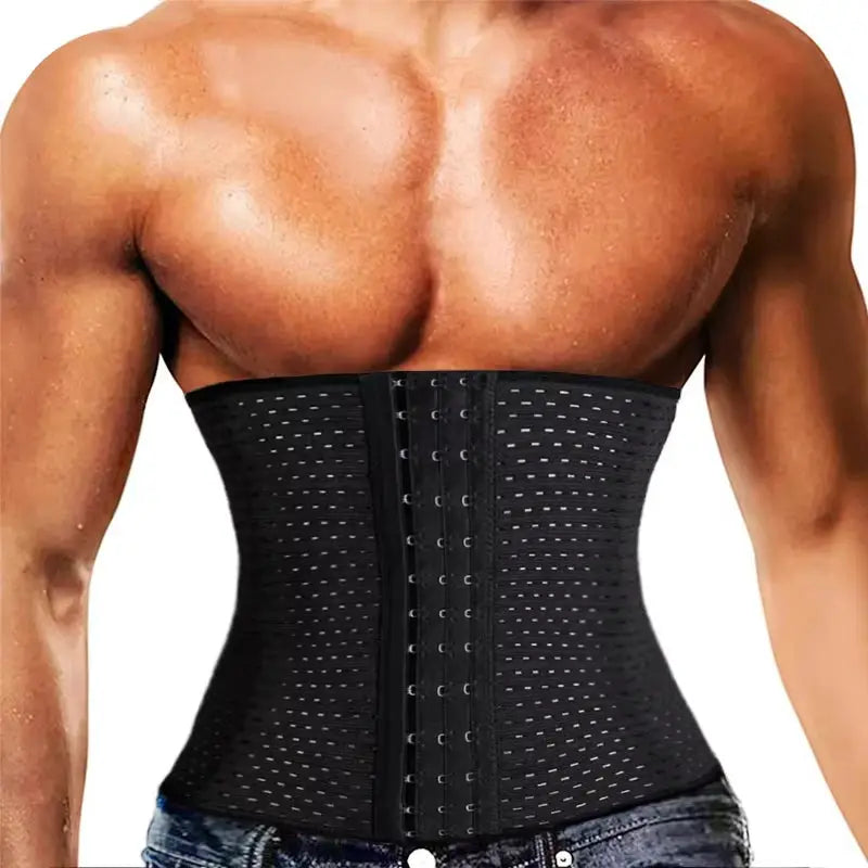 Simples Market men's waist trainer corset in black with front hook closures, high-compression shapewear.