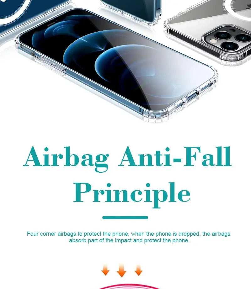 Set of clear MagSafe iPhone cases by Simples Market for iPhone 11–16, with airbag anti-fall design.