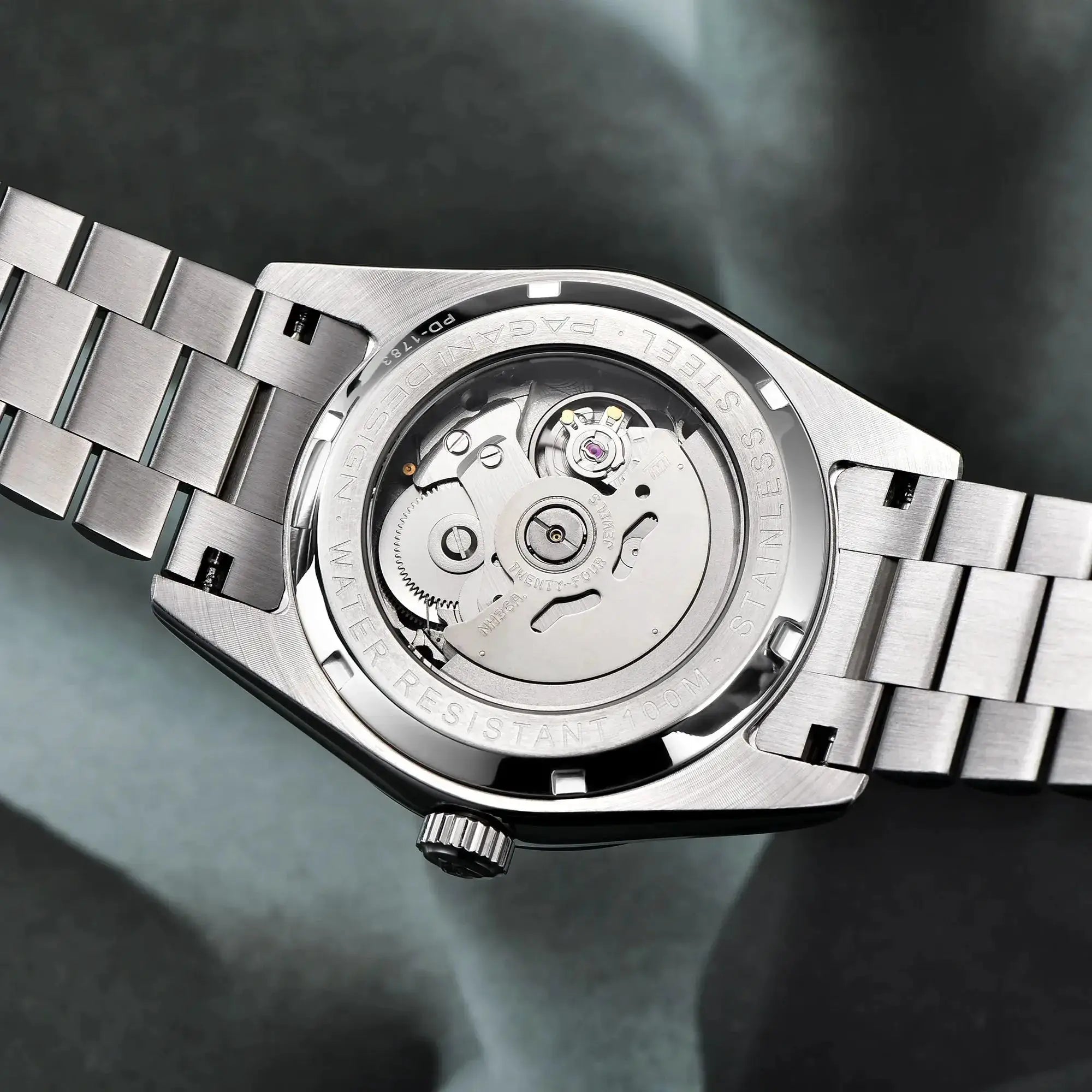 Pagani Design 40mm men's stainless steel automatic watch with transparent case back