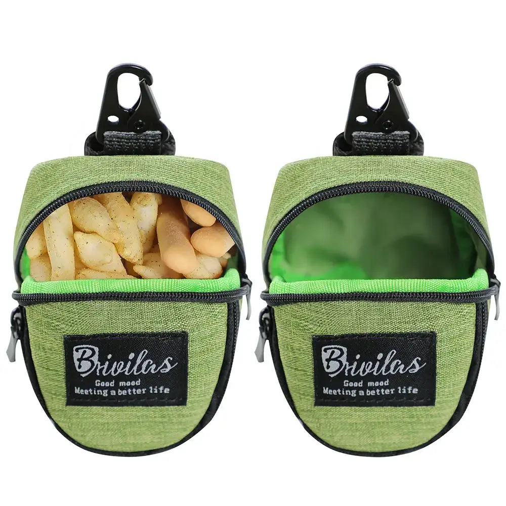 Simples Market dog treat pouch set, green fabric, with carabiner clips; two pouches, one filled with treats.