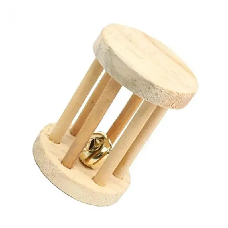 Rabbit roller toy by Simples Market in natural pine wood with a gold bell for small pets