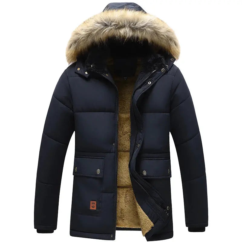 Men's navy windproof fleece parka with fur-trim hood and warm brown lining, Simples Market