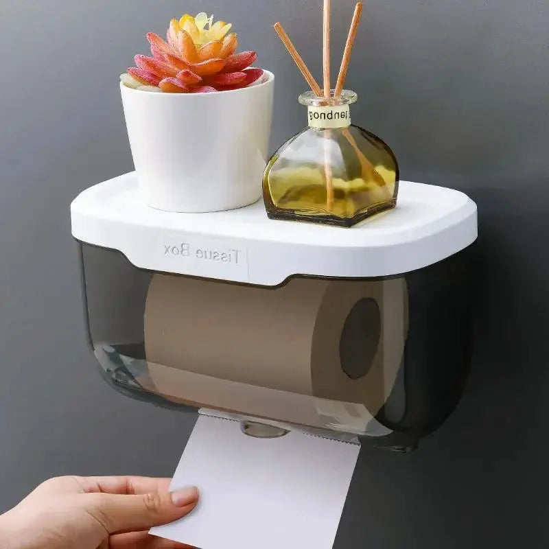 AquaGuard Waterproof Wall Mount Toilet Paper Holder Shelf Nail Free Traceless Install For Easy Bath Organization