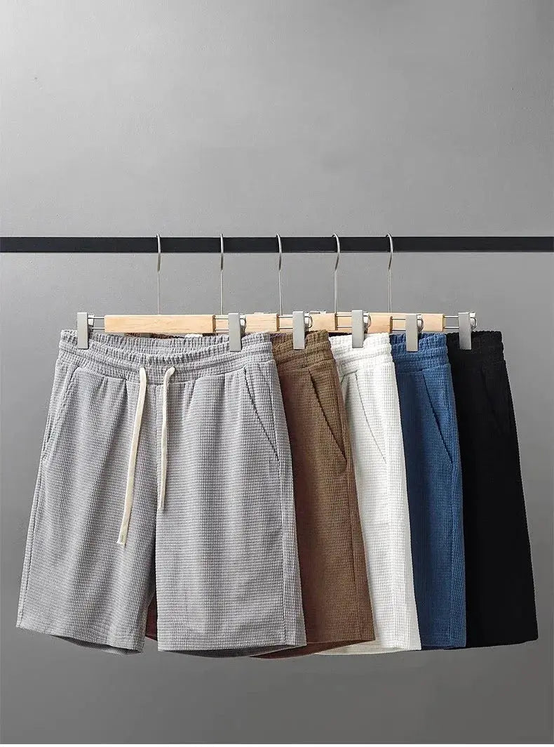 Men's waffle-textured shorts with drawstring, mid waist, knee-length in gray, brown, white, blue, black (6).