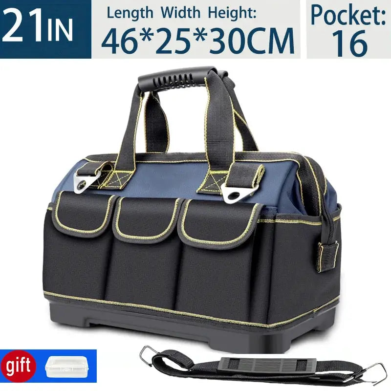 Simples Market multifunctional tool bag, waterproof, dark blue/black with yellow stitching and multiple pockets