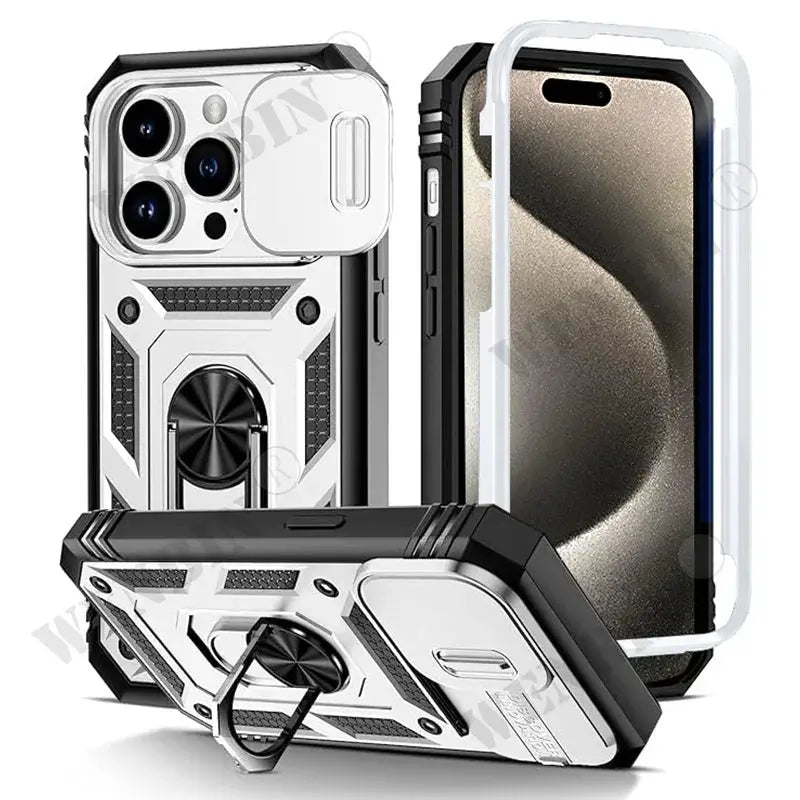 Case for iPhone heavy-duty, silver/black with 360° kickstand and clear back by Simples Market