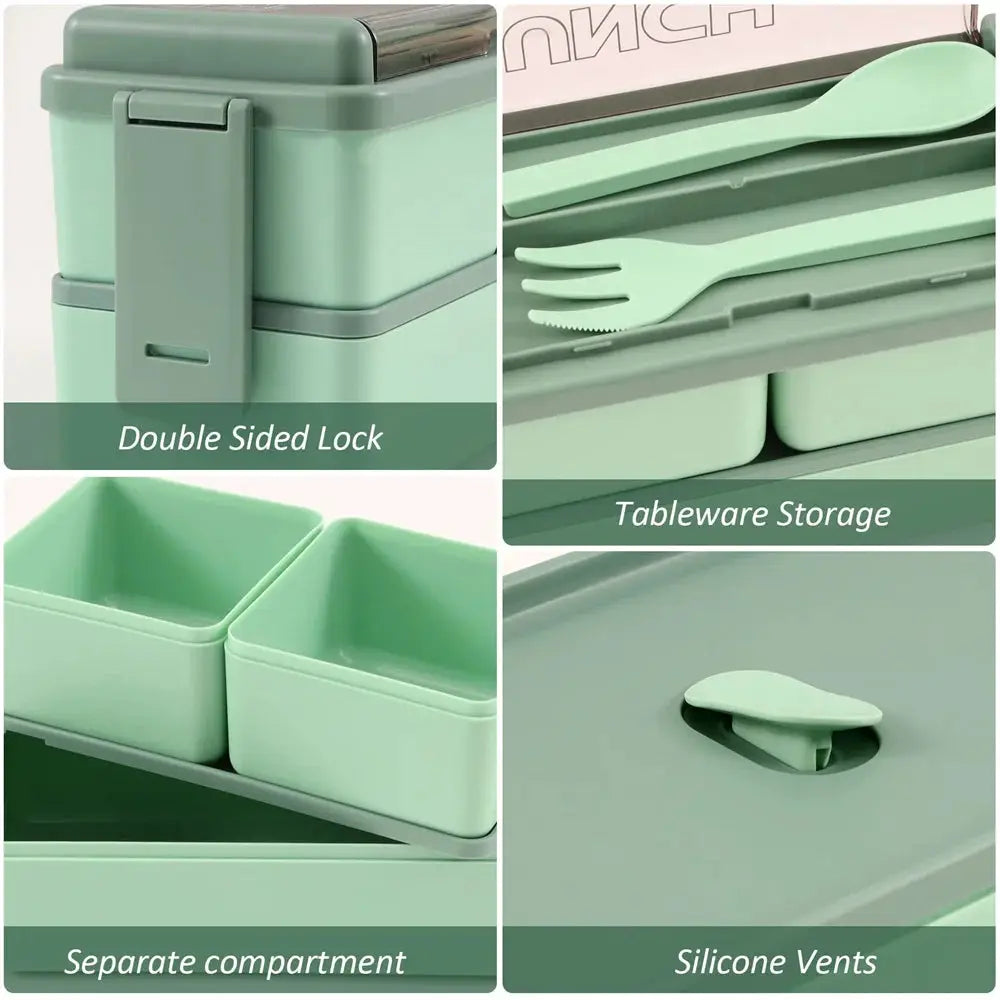 Portable Double Layer Lunch Box For Kids With Fork And Spoon Microwave Safe Bento Box Food Storage Container