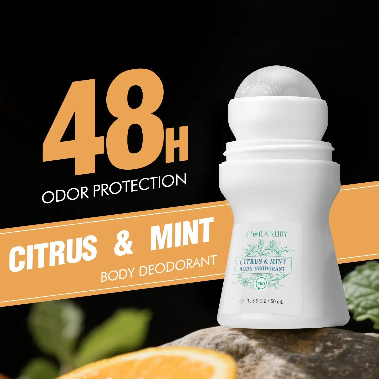 Flora Ruby Citrus & Mint aluminum-free body deodorant roll-on, Simples Market, white bottle 50 ml