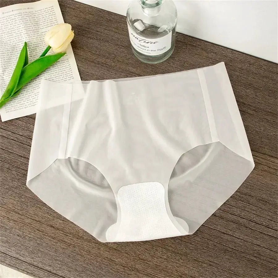 White ice-silk seamless underwear for women with breathable mesh gusset, size M-XL.