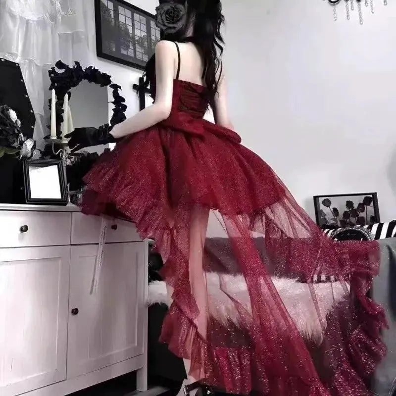 Gothic Y2K Sling Party Dress For Women Harajuku Retro Tulle Ruffles