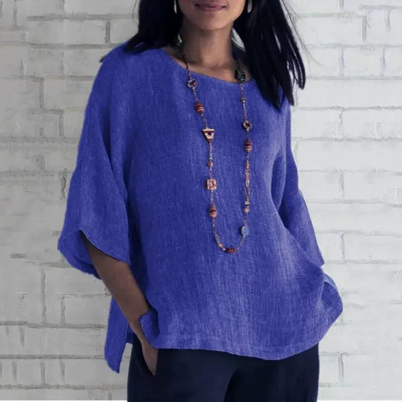 Cotton Blouse Shirt O Neck Three Quarter Sleeves Casual Top Women