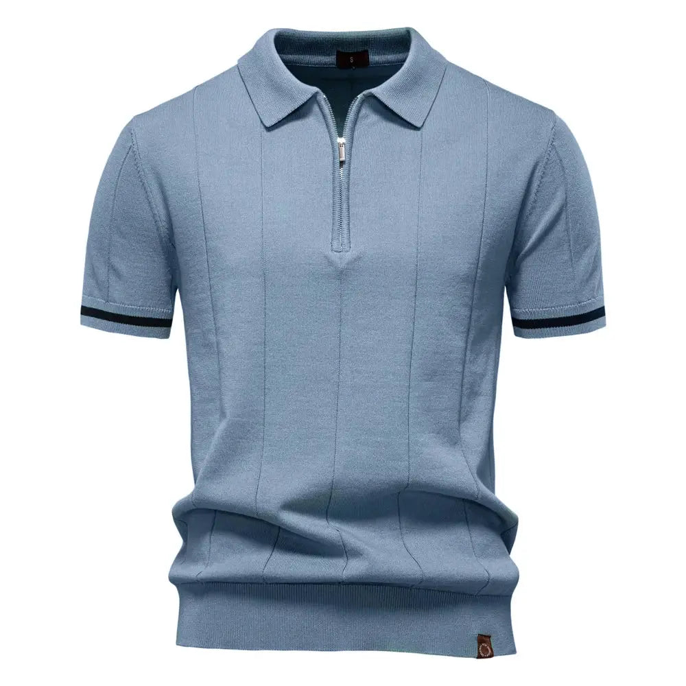 Polo shirt, light blue, zipper-front placket, short sleeves with striped cuffs, slim-fit.