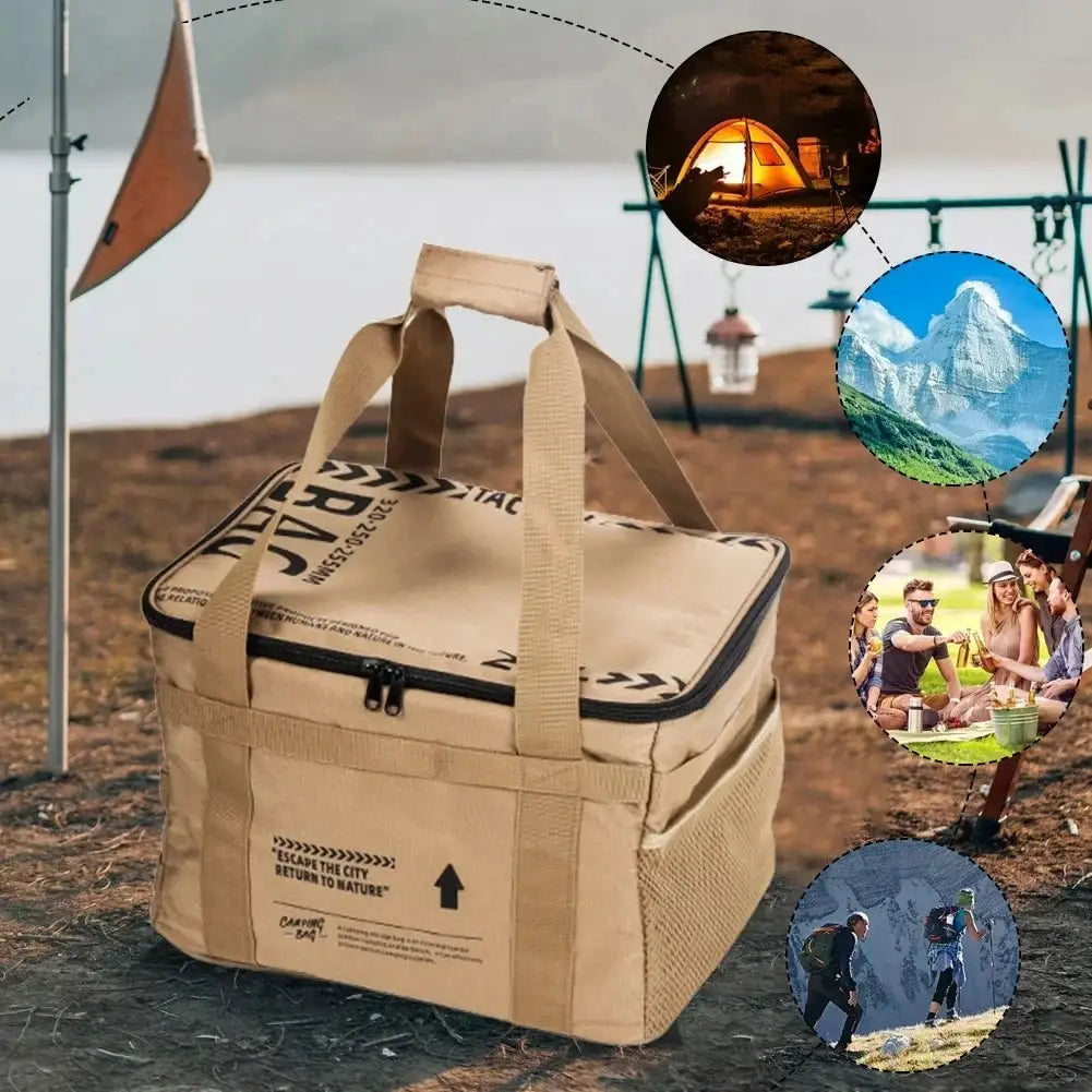 30–42L insulated camping storage bag by Simples Market, beige waterproof foldable with handles.
