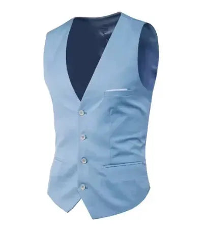 Men's light blue vest waistcoat by Simples Market with navy lining, five front buttons, and pocket square