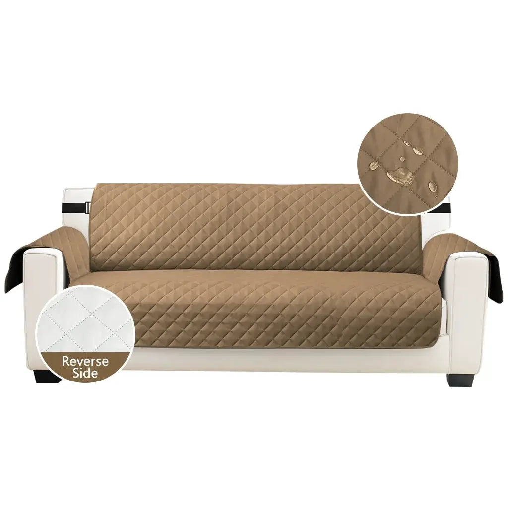 Tan quilted waterproof sofa slipcover with elastic straps for 3-seat sofa