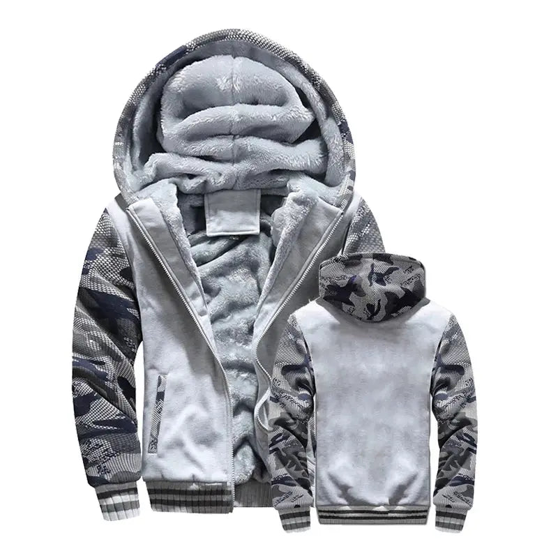 Men's winter jacket with camouflage sleeves and hood, grey body, zip-front fleece-lined outerwear
