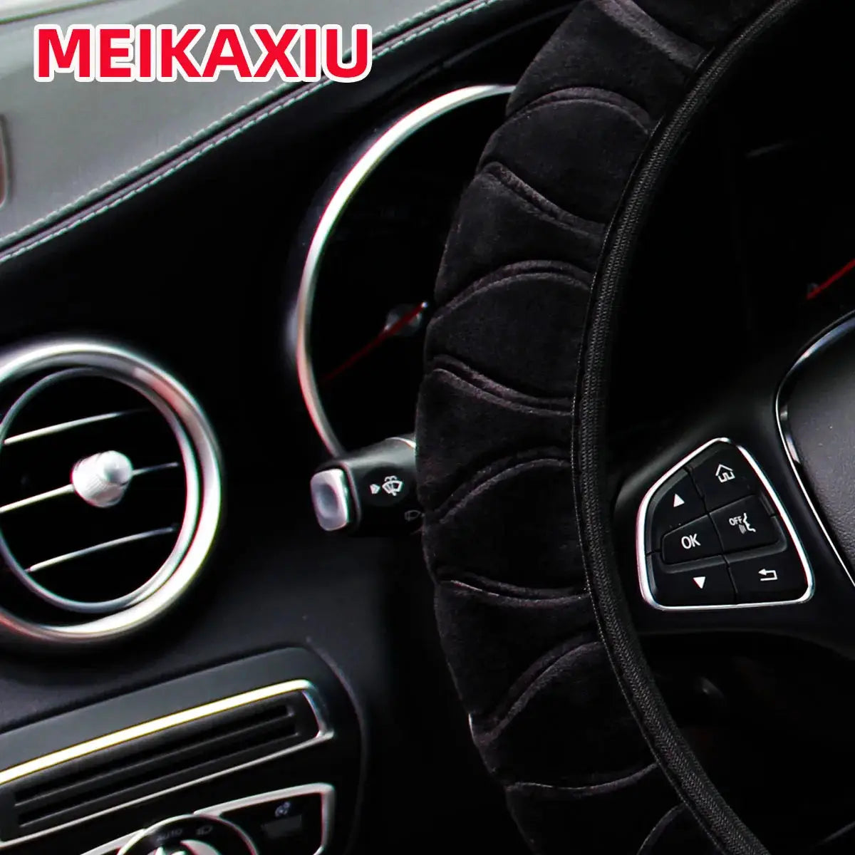 Steering wheel cover, soft black plush, fits 14.5-15 inch wheels, MEIKAXIU.