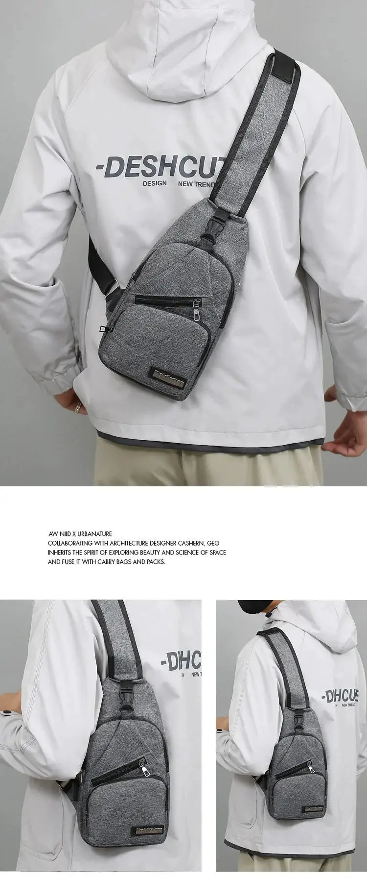 Men's chest bag by Simples Market, lightweight grey canvas crossbody with multiple zip pockets