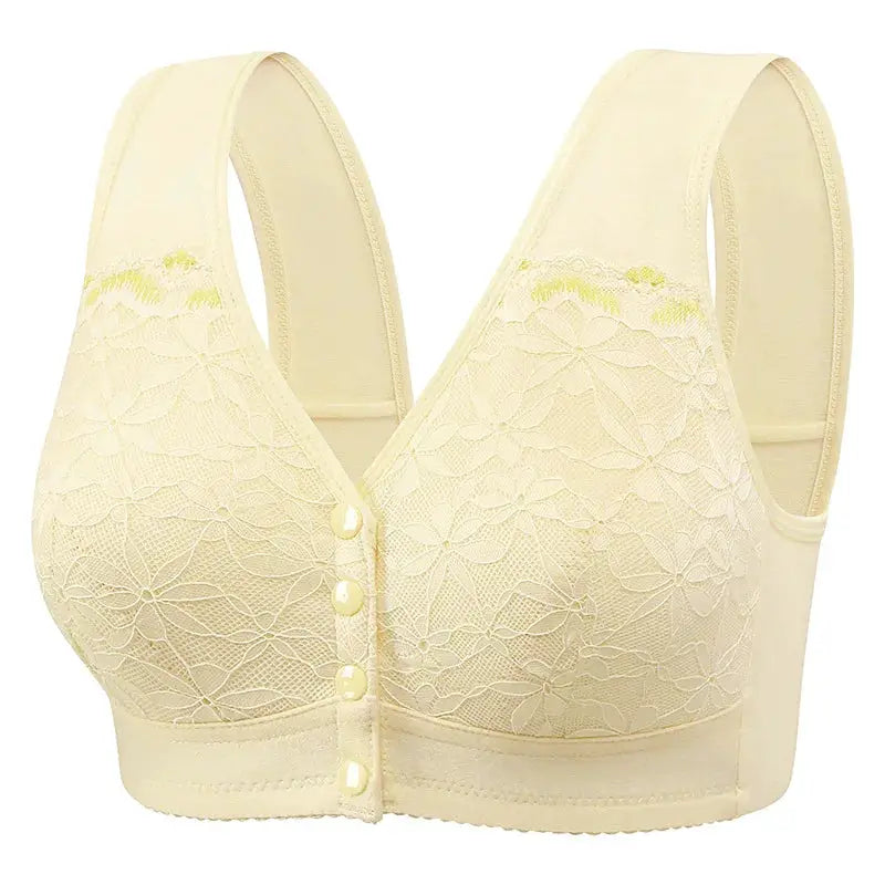Cream lace bralette with floral pattern, front button placket and wide straps.