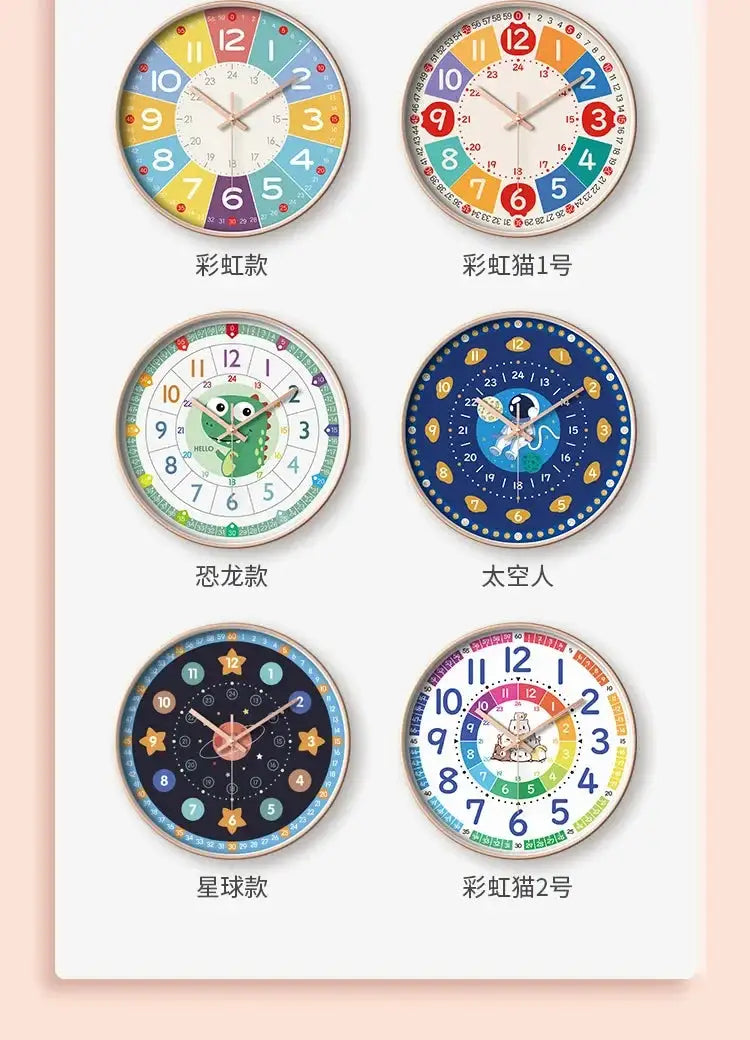 Silent teaching time clocks for kids, Simples Market 8-inch set of six wall clocks with non-ticking analog faces