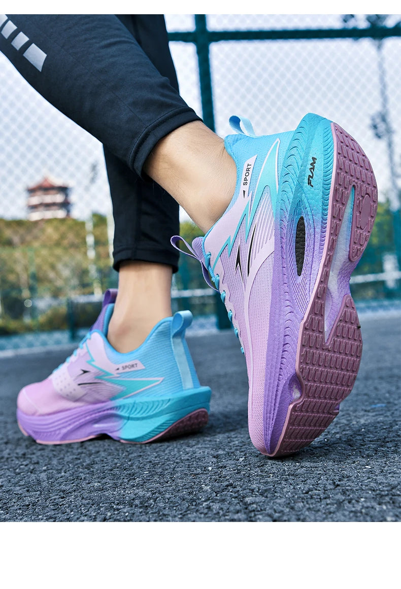 Sports running shoes, pastel blue to lavender gradient with air-cushioned outsole (2 shown)