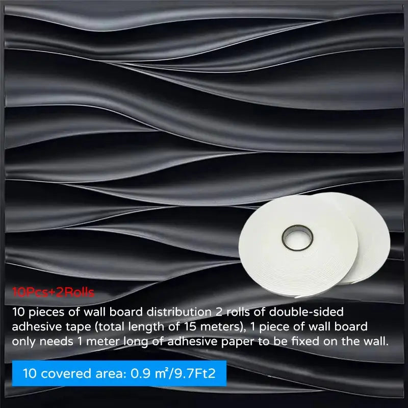 10-piece 30x30cm 3D black wall panel set for indoor decor; includes 2 rolls of double-sided tape.