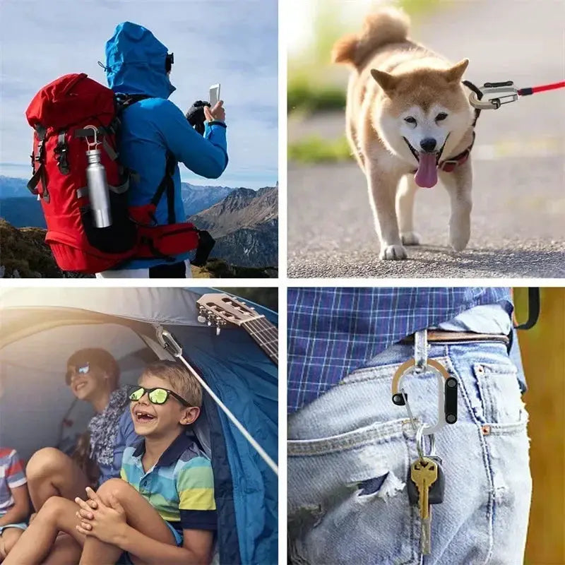 Multifunctional rotating metal carabiner hook for outdoor use; silver finish shown on a red backpack along with keys.