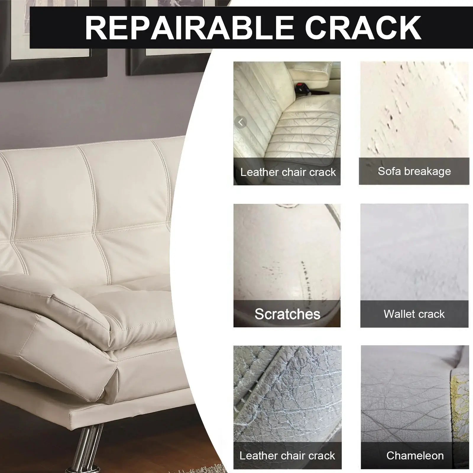 20ml car leather repair paste by Simples Market; beige leather sofa with crack repair collage