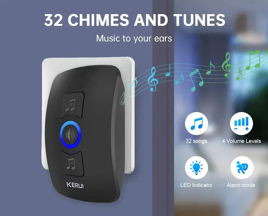 KERUI black wireless doorbell, waterproof outdoor smart home chime with LED indicator and adjustable volume