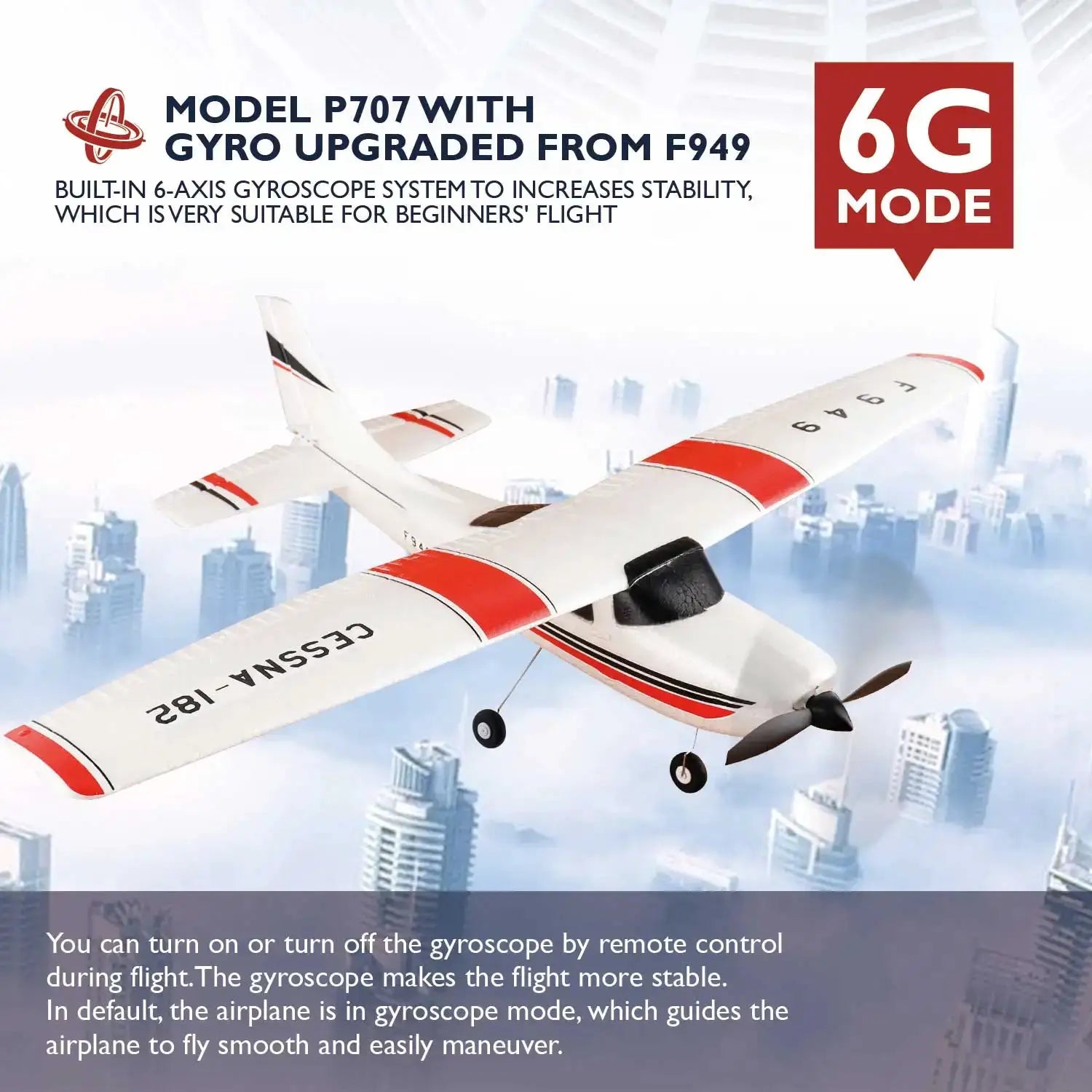 WLtoys F949 LCD RC airplane Cessna 182, white with red stripes, gyro-stabilized 6G mode