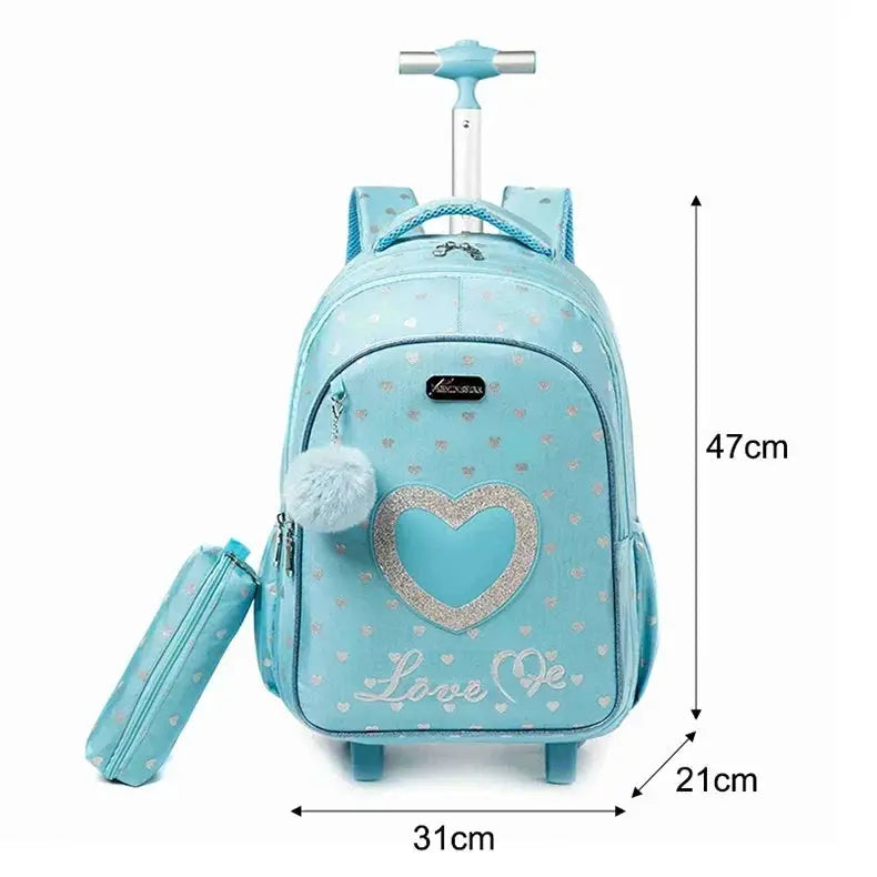 Children's blue wheeled backpack and lunch box set by Simples Market; heart motif
