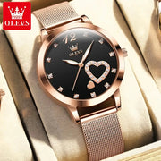 OLEVS 5189 women's quartz watch with rose-gold mesh strap, black dial, heart crystal motif.