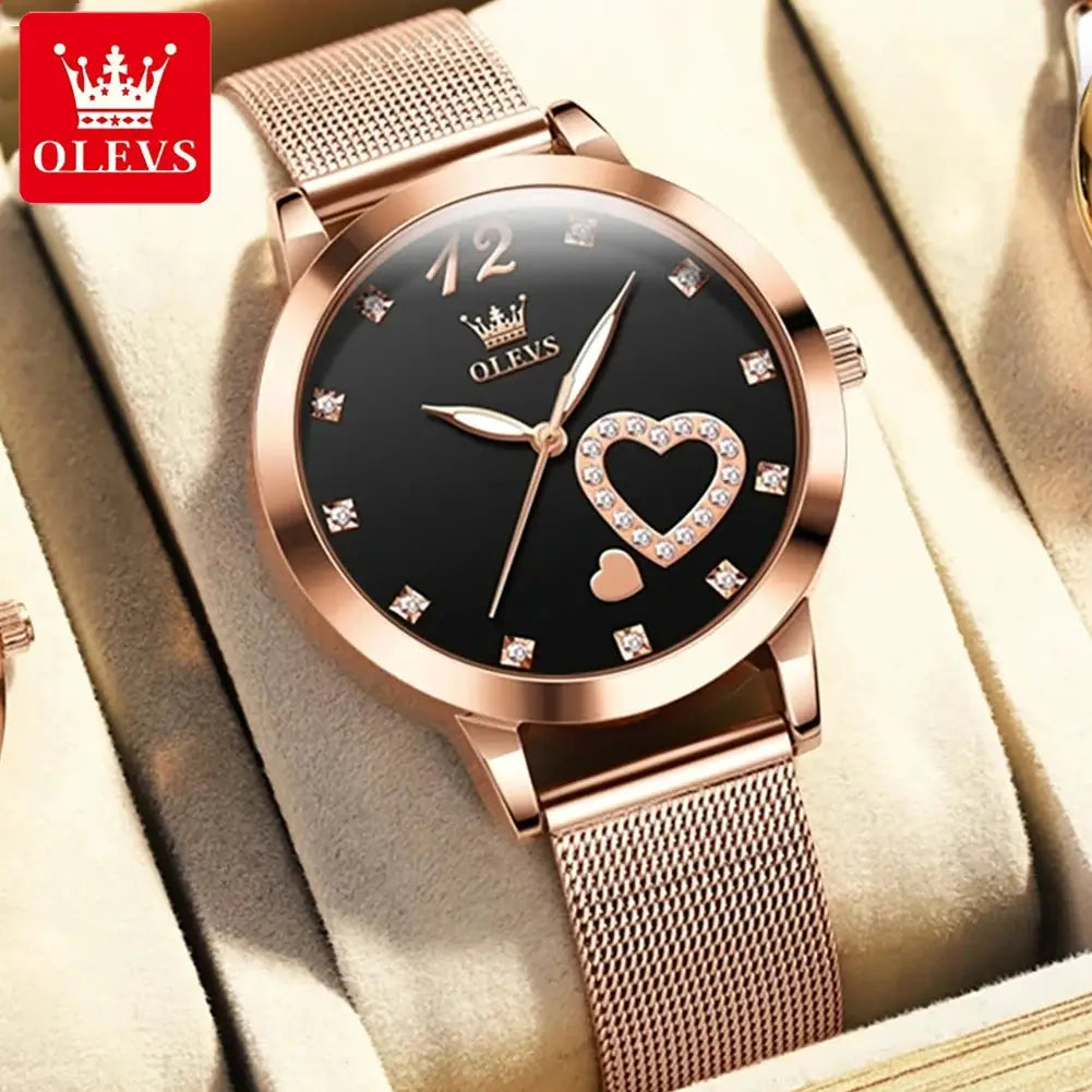 OLEVS 5189 women's quartz watch with rose-gold mesh strap, black dial, heart crystal motif.
