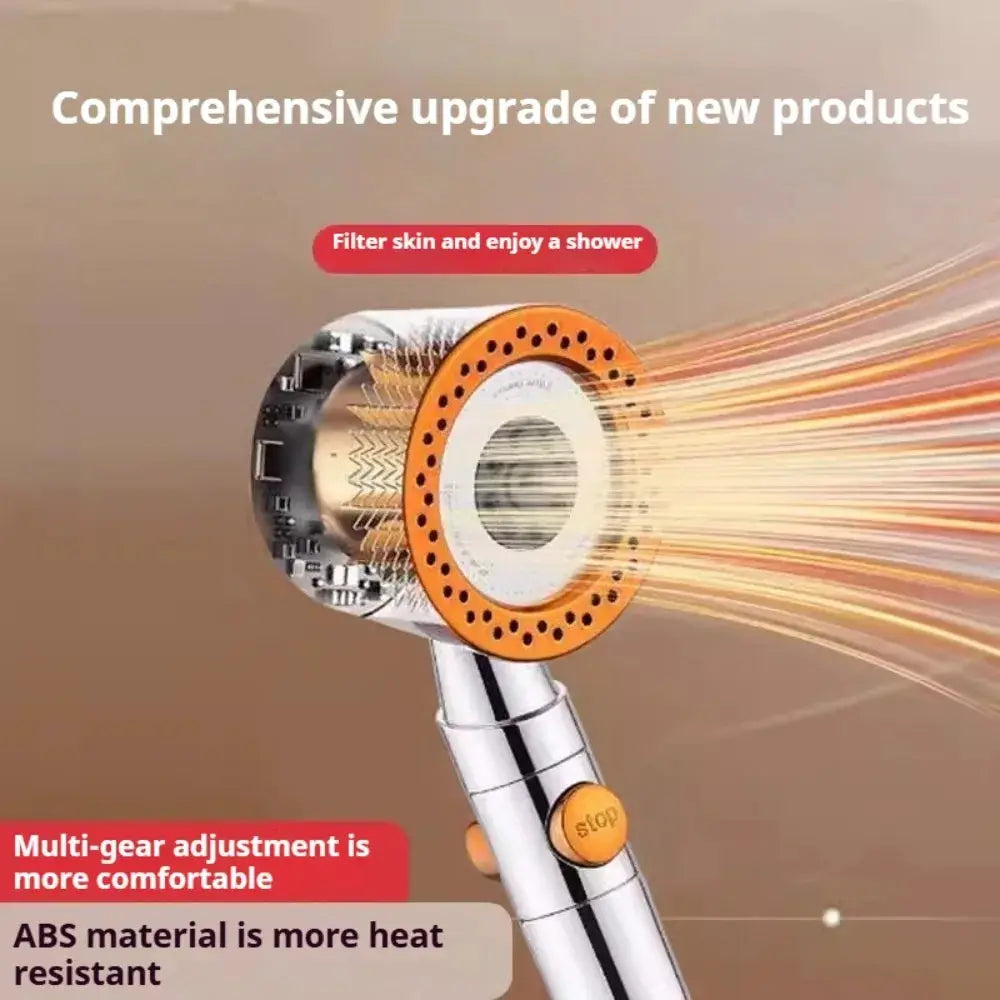 Shower head by Simples Market, 5-mode portable high-pressure rain spray with orange ring and chrome handle