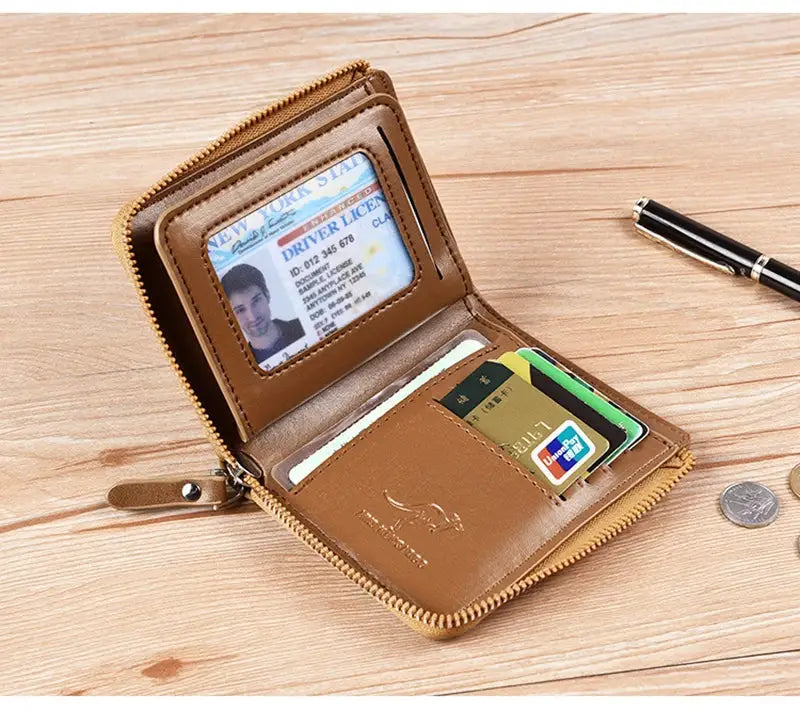 Brown leather men's zippered wallet with ID window and multiple card slots