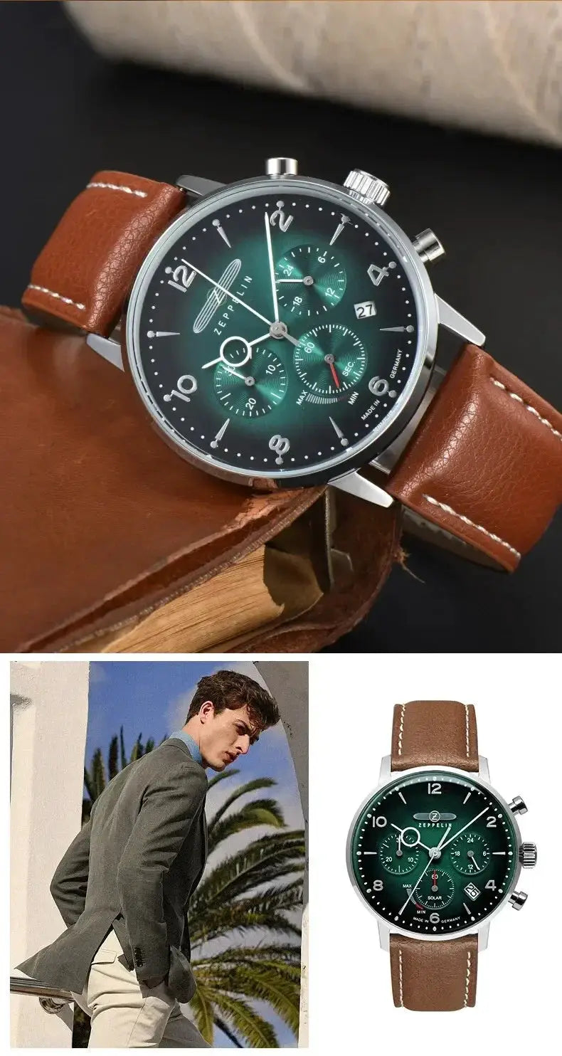Two Zeppelin 8086-4 automatic date chronograph watches with green dials and brown leather straps
