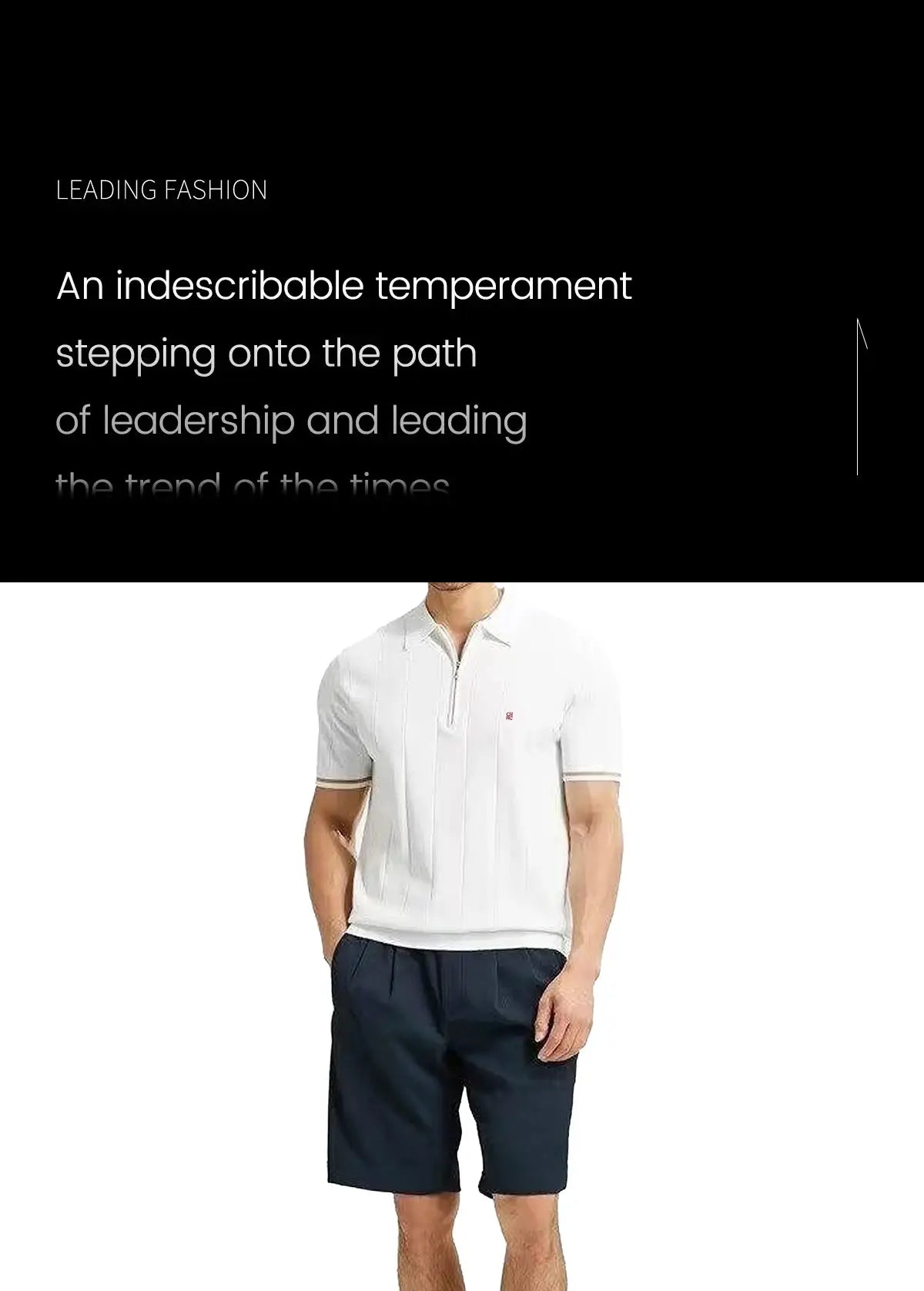 CH Men vertical striped knit polo shirt with half-zip placket, white with red CH embroidery