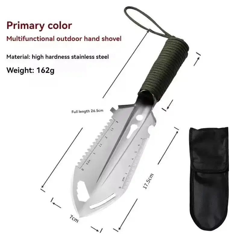 Multifunctional outdoor hand shovel by Simples Market, stainless steel with ruler scale, serrated edge, carrying pouch