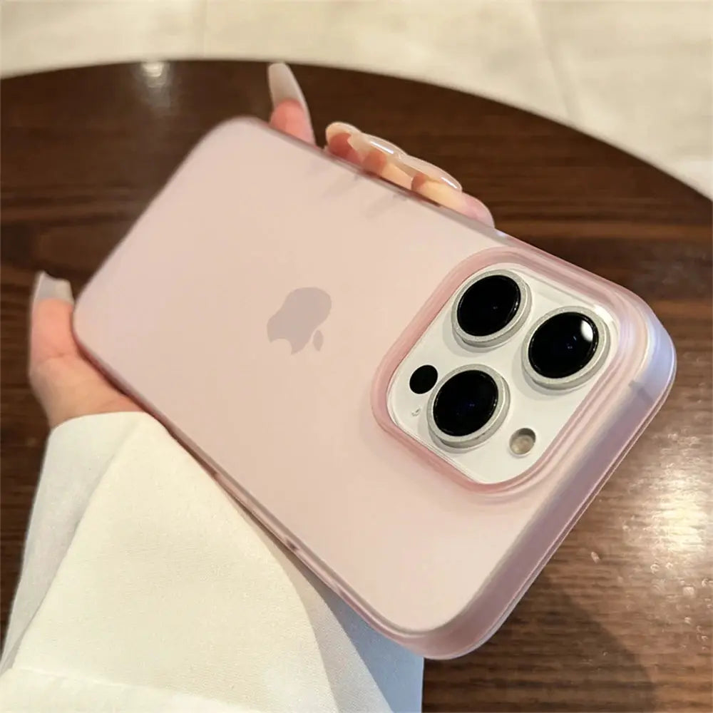 Soft matte candy pink transparent silicone phone case for iPhone with triple-camera cutout.