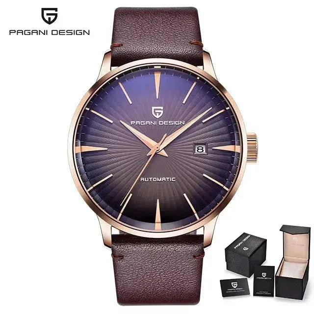 Pagani Design men's watch with gold-tone case, blue sunburst dial, brown leather strap, date window, automatic movement.