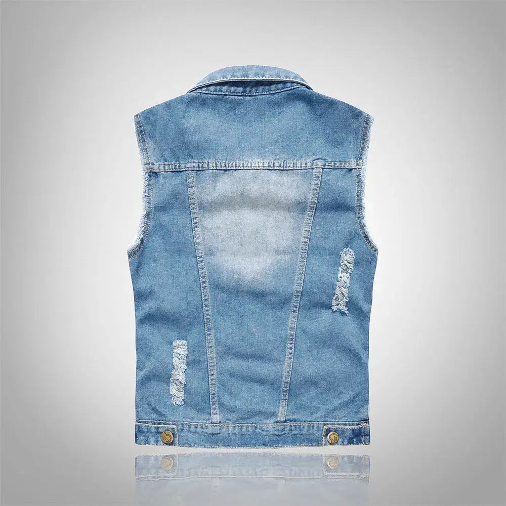 Men's blue denim sleeveless vest with distressed patches, Simples Market