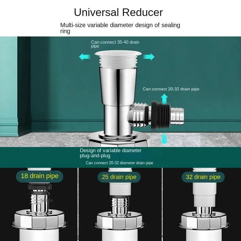 Chrome universal reducer drain connector with adjustable diameter for 18/25/32 drain pipes and dishwasher hose adapter