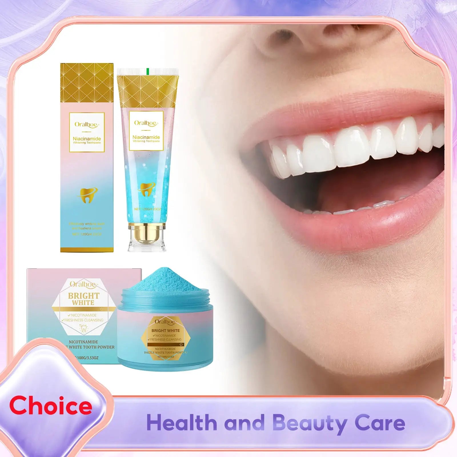 Niacinamide Whitening Toothpaste set from Simples Market with gold gradient packaging and pink/blue tubes (2 items)