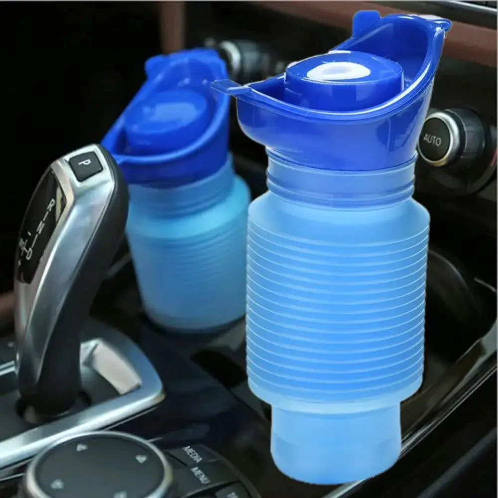 Blue collapsible portable urinal bottle for car travel; two shown.