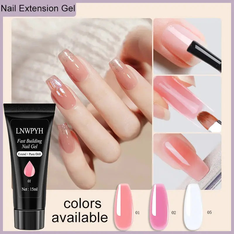Nail extension gel kit by Simples Market with slip solution and manicure tools; pink-toned gel colors and swatches.