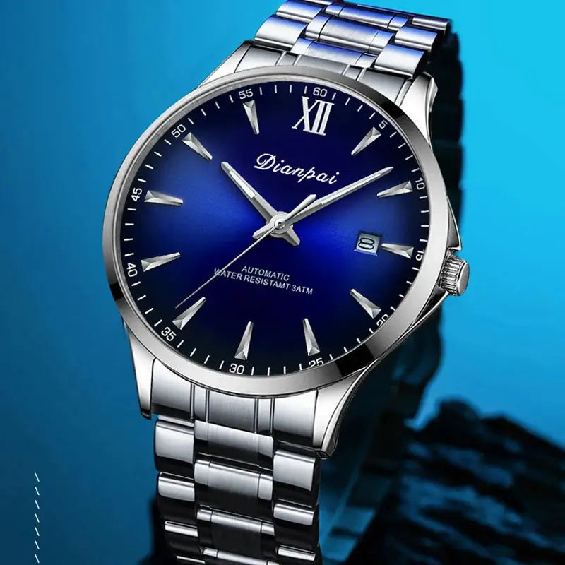 Dianpai automatic men's stainless steel watch with blue dial, date window, water resistant 3ATM