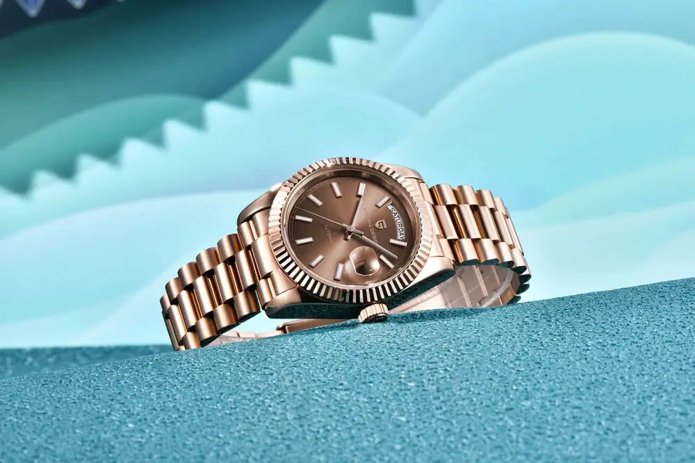 Pagani Design men's rose-gold automatic wristwatch with AR sapphire crystal and metal bracelet.