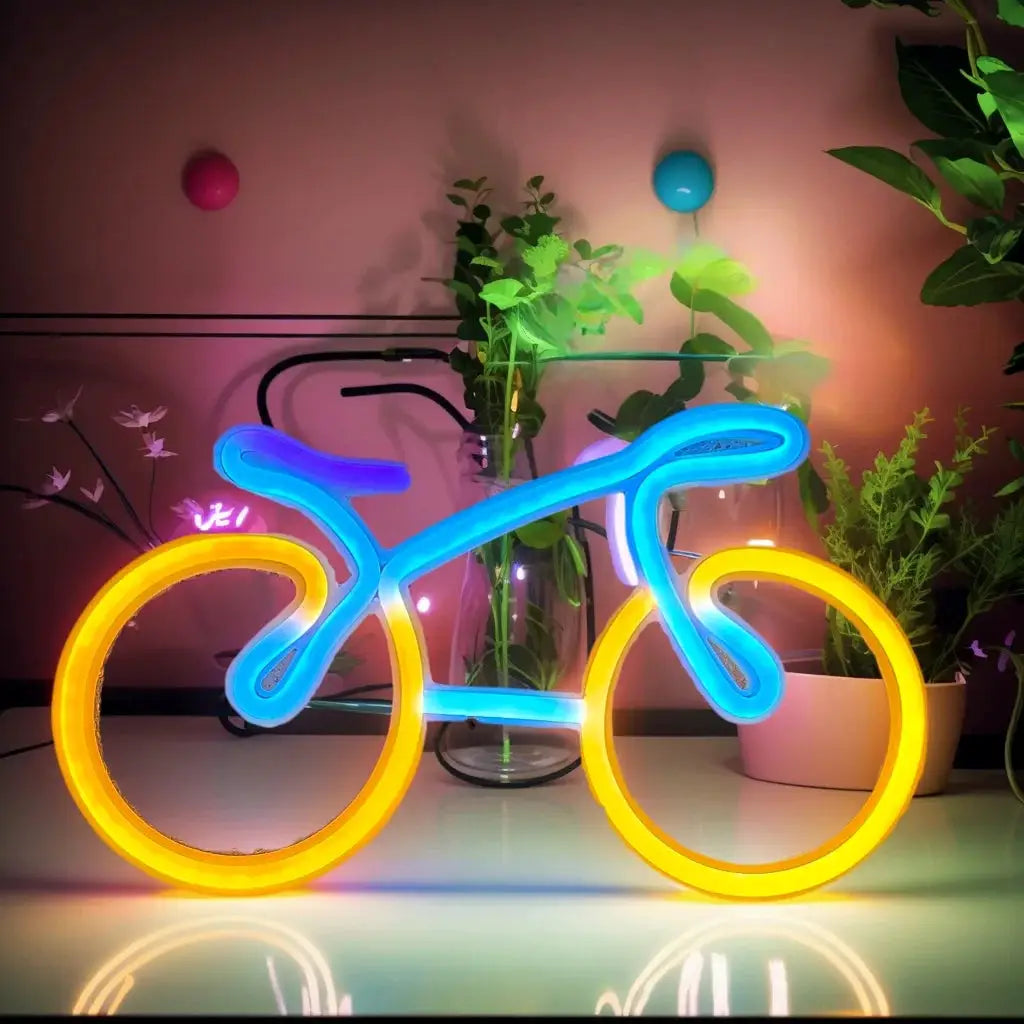 Decorative neon bike sculpture in blue frame with yellow wheels, USB or battery powered